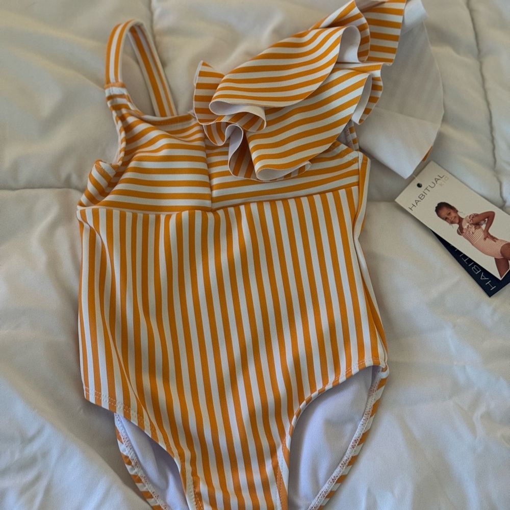 Striped orange and White Ruffle Swimsuit